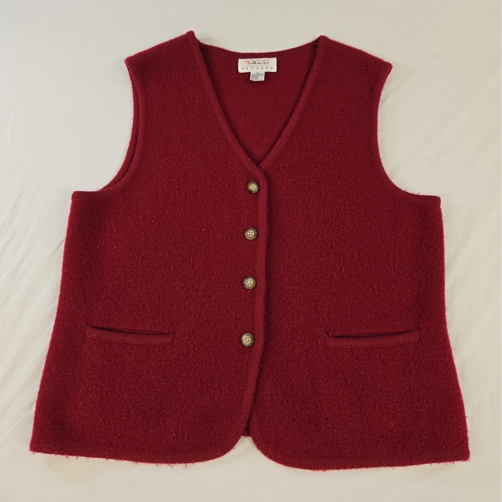Talbots Petites Sweater Vest Size 14 Wool Button Front Burgundy